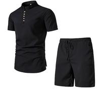 Ensemble De Linge 2 Pièces pour Hommes, Manches Courtes, Chemise Henley, Short À Cordon, Été Décontracté, Tenues De Plage, Chemise De Plage Unie, Homme E-Black XXL