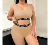 Ensemble de lingerie casual composé d'un débardeur et d'un short imprimés avec des lettres d'amour, pour femmes grandes tailles 1XL,2XL,3XL,4XLLettresTissu tricoté