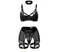 Ensemble de lingerie corset en dentelle, bustier exotique avec tour de cou, jambe, porte-jarretelles, sous-vêtements brodés en dentelle, 3 x lingerie pour femme, grande taille, Noir , XL