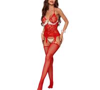 Ensemble de lingerie de Noël pour femme, couleur unie, style de Noël, avec body ouvert, body en maille, lingerie séduisante pour les moments, parfait costume de séduction, rouge, taille unique