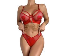 Ensemble de lingerie dos nu en cuir avec pampilles et chaîne pour femme, Rouge, L