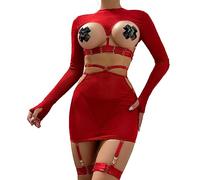 Ensemble de lingerie drôle pour femme, dentelle creuse, haut à manches longues personnalisé avec anneaux de jambe robes en résille pour femmes sexy, rouge, S
