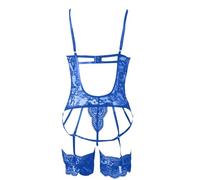 Ensemble de lingerie en dentelle pour femme avec corset - Lingerie sexy avec lacets et porte-jarretelles | Ensemble de lingerie séduisante, Style_o01 Bleu, XXL