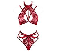 Ensemble de Lingerie en Dentelle pour Femme, Soutien-Gorge Ras du Cou en Dentelle, Culotte Taille Haute, Ensemble de 2 pièces - Rouge - 85B