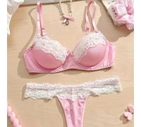 Ensemble de lingerie pour femmes, en tissu rose avec garniture en dentelle blanche, avec armatures, accent nœud, convient pour les vacances, les fêtes, le style sweet petitdoll L,M,SPlantesTissu trico