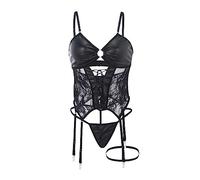 Ensemble de Lingerie Sexy Femmes Dentelle Négligé Dos Nu Lingerie Sexy Mesh Babydoll Soutien-gorge et Culotte Ouverte Lingerie de Nuit avec Un Arc, Noir , XXL