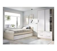 Ensemble de lit adulte avec 2 tiroirs + armoire coloris blanc, chêne naturel Blanc G