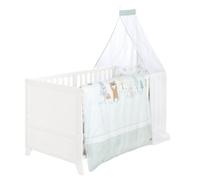 roba Ensemble Complet de Lit Bébé Woodland Buddies - Lit Évolutif 70 x 140 en Bois + Matelas, Linge de Lit, Baldaquin et Support de Baldaquin - À Partir de 6 Mois - Blanc