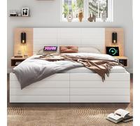 Ensemble de lit Double 140×200cm en Bois, lit Adulte avec 2 tiroirs, Lampe de Chevet avec Chargeur USB, Cadre de lit Moderne avec 2 Tables de Chevet (Matelas Non Inclus)