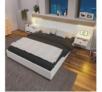 Ensemble de lit double avec 2 tables de chevet LED et prise USB C,en bois,140 x 200 cm (sans matelas)-HAUSS SPOLE