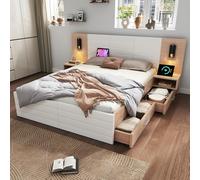 Ensemble de lit Double en Bois 160×200cm, lit Adulte avec 2 tiroirs, Lampe de Chevet avec Chargeur USB, Cadre de lit Moderne avec 2 Tables de Chevet (Matelas Non Inclus)