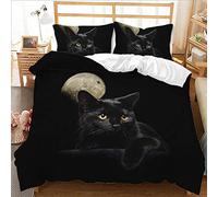 Ensemble de Literie 3 Pièces,220x240 cm,3D Chat Noir Lune Blanche Housse De Couette,Microfibre Parure de Lit 2 Personnes,avec 2 Taie d'oreiller 50x75cm,Fermeture Éclair Housse De Couette