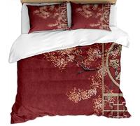 Ensemble De Literie 3 Pièces King Size 240X260Cm Housse De Couette Et 2 Taies d'oreiller 3D Treillis De Fenêtre Prune Doré Rouge Foncé Print Doux Couverture De Lit Microfibre avec Fermeture À Gliss