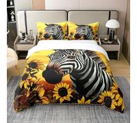 Ensemble de Literie 3D Zebra Coton Biologique 240 x 260,Fleurs de Tournesol Jaunes Housse de Couette,Cheval Noir Blanc Parure de Lit,Faune Africaine Couvre Lit Fermeture À Glissière,Doux Chaud