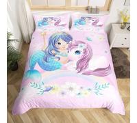 Ensemble de Literie Bleu Sirène pour Filles Housse de Couette Mignonne Licorne Housse Couette Enfants Rêvent Parure de Lit Arc-en-Ciel Féminin Couvre Lit Chic Fleuri 240 x 260,Décor de Chambre Rose