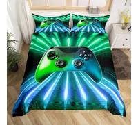 Ensemble de literie Bleu Vert pour Manette de Jeu,Taille 200x200,Housse de Couette de Jeu Moderne pour Joueur,Parure De Lit néon pour Enfants,garçons,Filles,décor de Chambre 2 Taies D'Oreiller