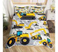 Ensemble de Literie Camion 200x200 Housse de Couette Construction Excavator Pour Garçons,Parure de Lit Véhicule Tracteur Pour Enfants Adolescents,Housse Couette Grunge Bulldozer de Crane,Gris Jaune