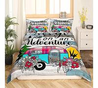 Ensemble de Literie de Camping 140x200 Housse de Couette Camper pour Enfants Parure de Lit Cabin Sketch Drawing Rustique Housse Couette de Style Ferme Vintage Décoration de Camping Heureuse 2 Pièces