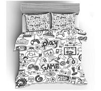Ensemble de literie d'impression 3D, Console de Jeu Graffiti Noir et Blanc Gris Garçon Adolescent Créatif Doux Microfibre Zipper Housse de Couette avec Taie d'oreiller (Blanc,140 x 210 cm)