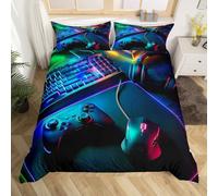 Ensemble de Literie Gaming 240 x 260,Housse de Couette Casque Souris Clavier Manette de Jeu Motif pour Enfants Filles Garçons,Parure de Lit Sur Le Thème Du Joueur Décoration de Salle de Jeux 3 Pièce