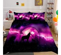 Ensemble de Literie Housse de Couette Motif Animal Ciel Etoilé Dream Coloré Galaxie Planète Nébuleuse Star Impression Parure de Lit 2/3 Pièces Pour Garçons Filles (Loup Violet, 140_x_200_cm)