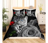Ensemble de Literie Léopard 220x240,Housse de Couette Rose Rouge Housse Couette Animaux Du Safari Africain Enfants Adultes Literie Rose Florale Parure de Lit Guépard Jungle Faune et Flore Noir Blanc