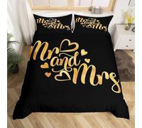Ensemble de Literie M. et Mme 200x200 pour Femmes Housse de Couette Love Heart pour Couples,Parure de Lit Noir et Or Couvre Lit Romantique pour Adultes et Adolescents Cadeaux de La Saint-Valentin