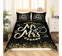 Ensemble de Literie M. et Mme Cadeaux 220x240 Housse de Couette Sequin en Or Noir,Housse de Couette Golden Heart Pailletée pour Femme Adulte Homme,pour Le Couple,Cadeaux de Mariage pour Les Couples