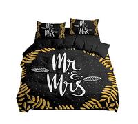 Ensemble de Literie Mr. et Mrs. Blanc Feuille Noir Marron Rose Couples Romantiques Mariage Amour Parure de Lit 2 Personnes Housse de Couette et Taie d'oreiller,Microfibre (Marron, 200 x 200 cm)