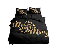 Ensemble de Literie Mr. et Mrs. Blanc Feuille Noir Marron Rose Couples Romantiques Mariage Amour Parure de Lit 2 Personnes Housse de Couette et Taie d'oreiller,Microfibre (Noir, 220 x 240 cm)