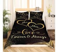 Ensemble de Literie pour Couples 220x240 - Housse de Couette Mr et Mme - Housse de Couette en Paillettes Dorées - Imprimée Coeur d'amour pour La Saint-Valentin, Cadeau d'anniversaire