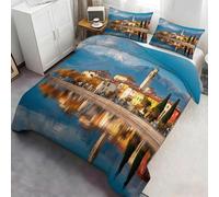 Ensemble de literie réfléchie pittoresque Lake Town - Housse de Couette à imprimé Village européen avec taies d’Oreiller, décoration de Voyage sereine pour Les Chambres 140x200cm