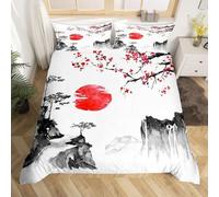 Ensemble de literie Ukiyo - e Japonais Sakura Rouge soleil Housse de Couette 200x200cm Enfants Garçons Filles Encre style Japonais Parure de Lit style exotique Literie set avec 2 taie d'oreiller