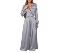 Ensemble de luxe en satin pour femme avec col en V, manches longues, design large pour une garde-robe élégante, gris, M