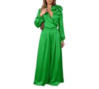 Ensemble de luxe en satin pour femme avec col en V, manches longues, design large pour une garde-robe élégante, vert, XL