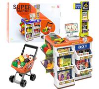 Ensemble de magasin : caisse enregistreuse, chariot, scanner, supermarché, magas