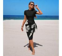 Ensemble de maillot de bain 3 pièces pour femmes avec Top à manches courtes de couleur unie, pantalon 7/8 et mini-jupe. Convient pour les vacances d'été. Nouvelle collection de maillots de bain pour f