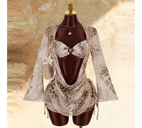 Ensemble de maillot de bain 4 pièces imprimé léopard pour femmes, style avant-garde sexy, convient pour les tenues de vacances, col drapé, manches évasées, semi-transparent L,M,S,XLPlantesÉtoffe