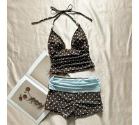 Ensemble de maillot de bain avec top à col licou imprimé pois & short pour femmes, convient pour la Coupe du Monde, tenue de plage décontractée pour les vacances d'été L,M,S,XSBlocs de couleurÉtoffe