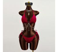 Ensemble de maillot de bain composé d'un Top-brassière triangle texturé à nœud et d'un bas ficelle, avec une chaîne métallique décorative. Couleur unie, style printemps L,M,S,XLUnicoloreÉtoffe