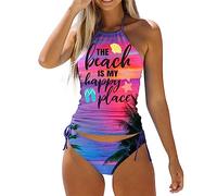 Ensemble de Maillot de Bain Deux pièces pour Femme You Had AT Day 2 Diinking and The Beach is My Happy Place Alphabet Sea Turtle Print Two Piece Bikini Beach Set (S, M)