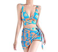 Ensemble de Maillot de Bain Tankini Féminin Trois Pièces avec Imprimé Profond et Col en V pour Une Mise en Valeur (Blue, One Size)