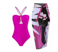 Ensemble de Maillots de Bain 2 pièces français Vintage Glitter avec Fleurs imprimé Blouson Wrap Jupe vêtements de Plage été Pink XL