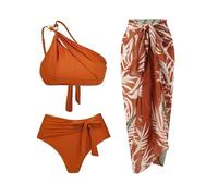 Ensemble de Maillots de Bain 2 pièces français Vintage Glitter avec Fleurs imprimé Blouson Wrap Jupe vêtements de Plage été Brown A XL