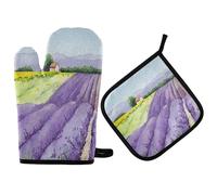Ensemble de maniques de cuisine en forme de fleur de lavande, champ de fleurs, décoration de cuisine provençale rurale, gants de cuisinière, coussinets chauds résistants à la chaleur recyclés pour bar
