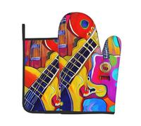 Ensemble de maniques et maniques à imprimé de guitares acoustiques et colorées, un must have pour la cuisine, le four, le micro-ondes et le grill