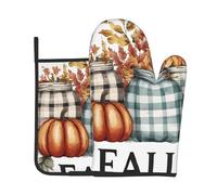 Ensemble de maniques et maniques sur le thème de la citrouille d'automne résistant à la chaleur - Idéal pour la pâtisserie, la cuisine et le barbecue