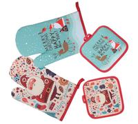 Ensemble de Maniques pour Four Micro-Ondes Style Noël | Deux Moufles et Support Isolant, Motif Cartoon Brodé, Protection des Mains, pour Cuisson et Plats Chauds Servis