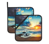 Ensemble de maniques - Set de maniques imprimées sur la plage coucher de soleil, gants de four, tapis chauffants pour barbecue et grill, accessoires de cuisine carrés