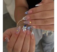 Ensemble de manucure à presser Pearl Accent, faux pointes en amande avec pointe française bleue et détails de coquille de fleur 3D, 24 pièces pour ongles artificiels Dai